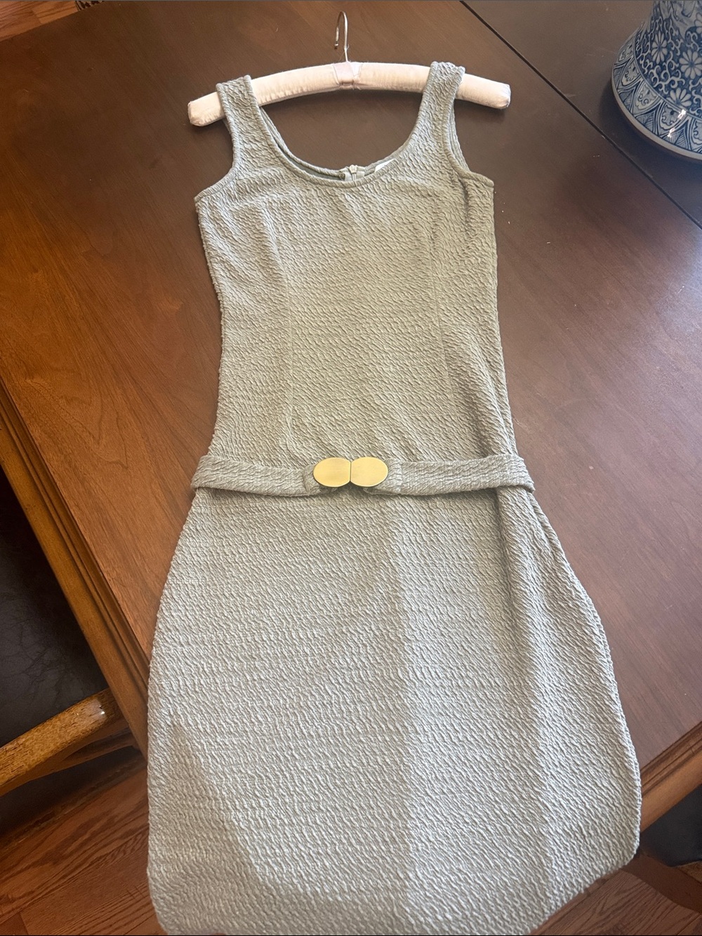 Sleeveless Textured Belted Dress in Light Sage, brand new, never worn.